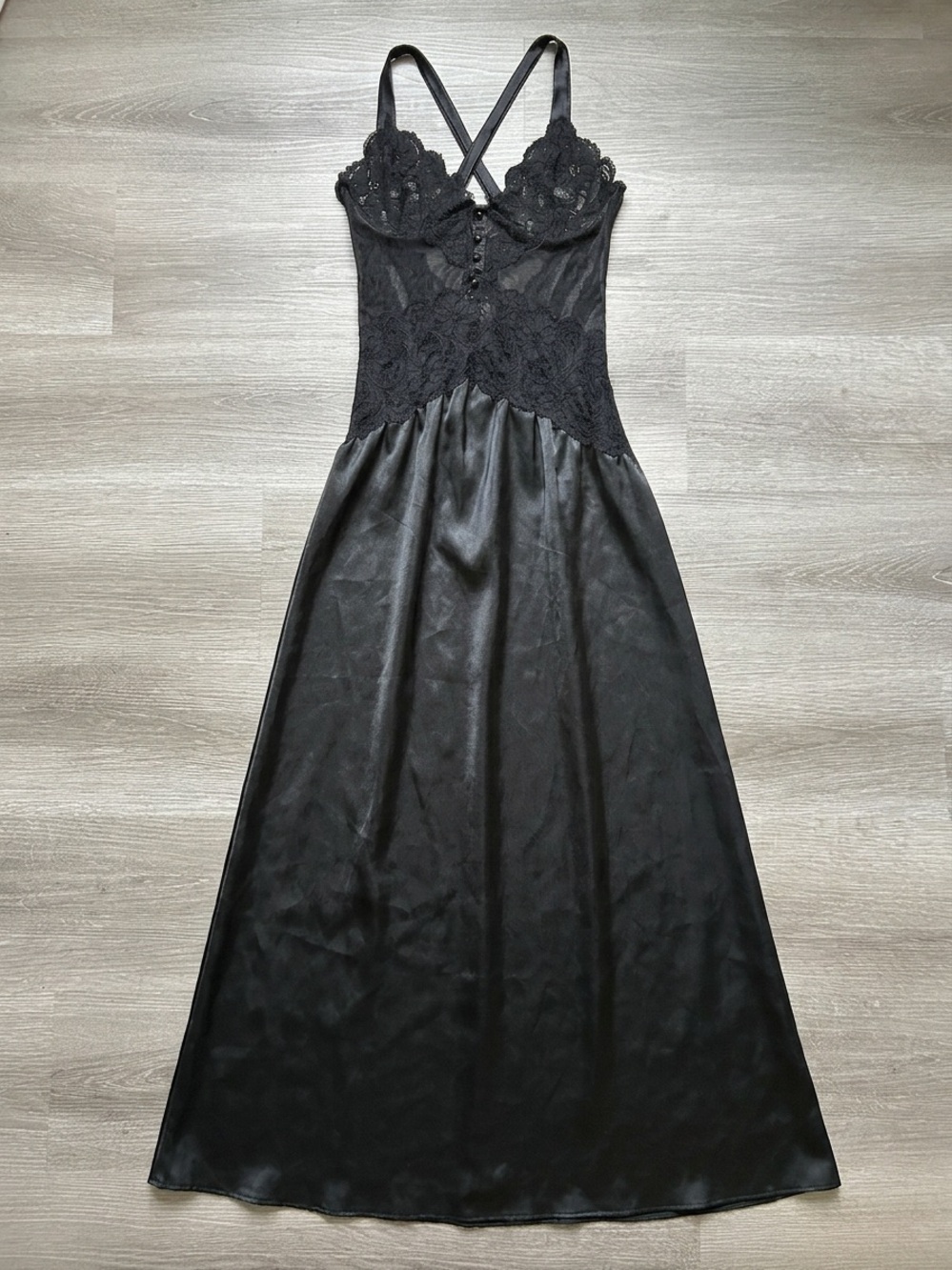 Stunning Black Lace Bodice Satin Maxi lingerie underwire slip dress